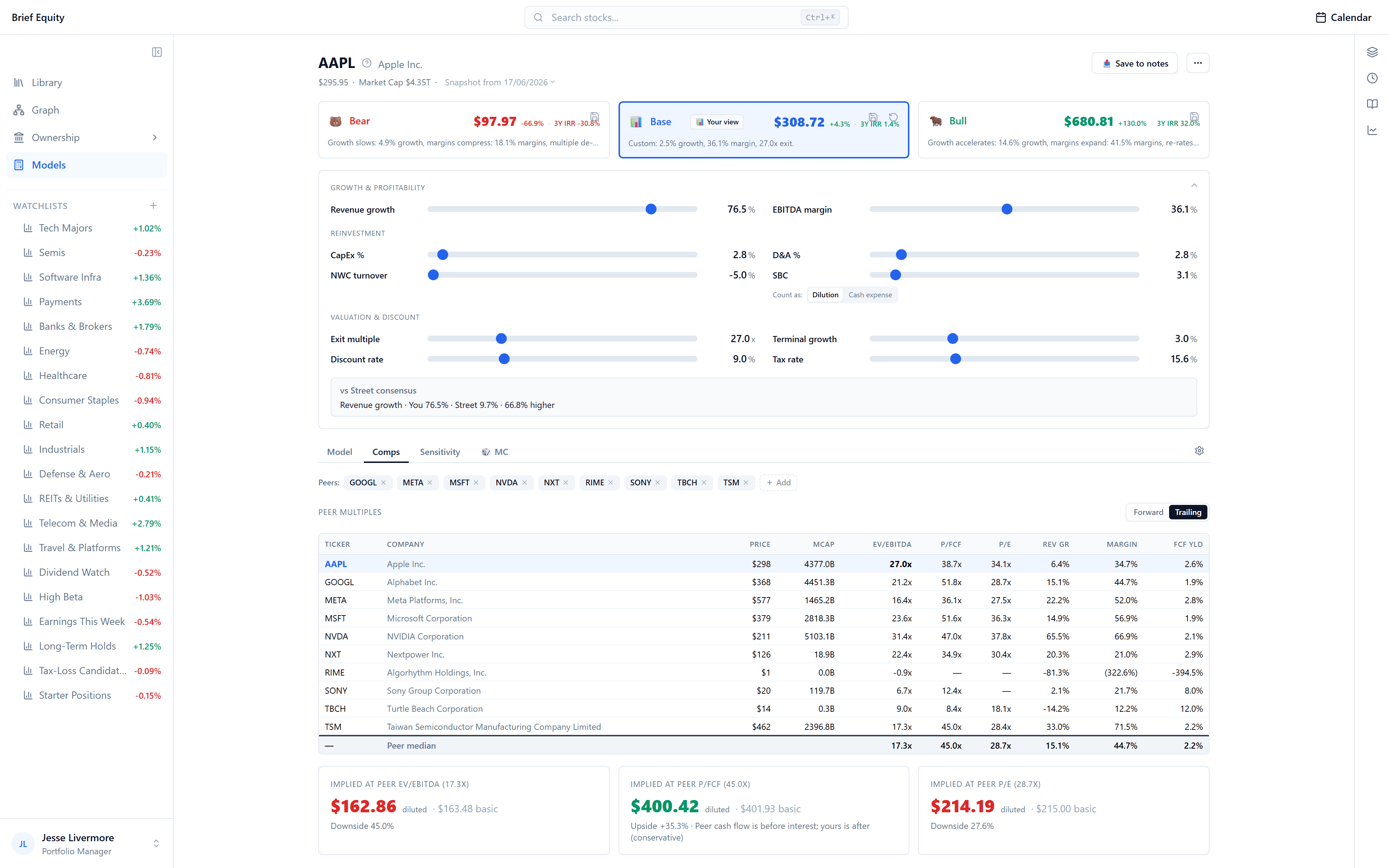 A Brief Equity valuation model workspace with DCF assumptions and scenarios.